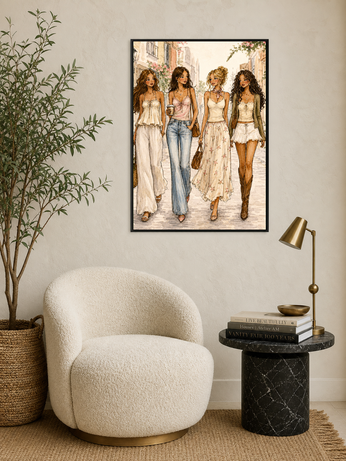 Chic Girls Strolling City Street Wall Art Print - black framed