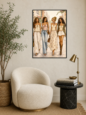 Chic Girls Strolling City Street Wall Art Print - black framed