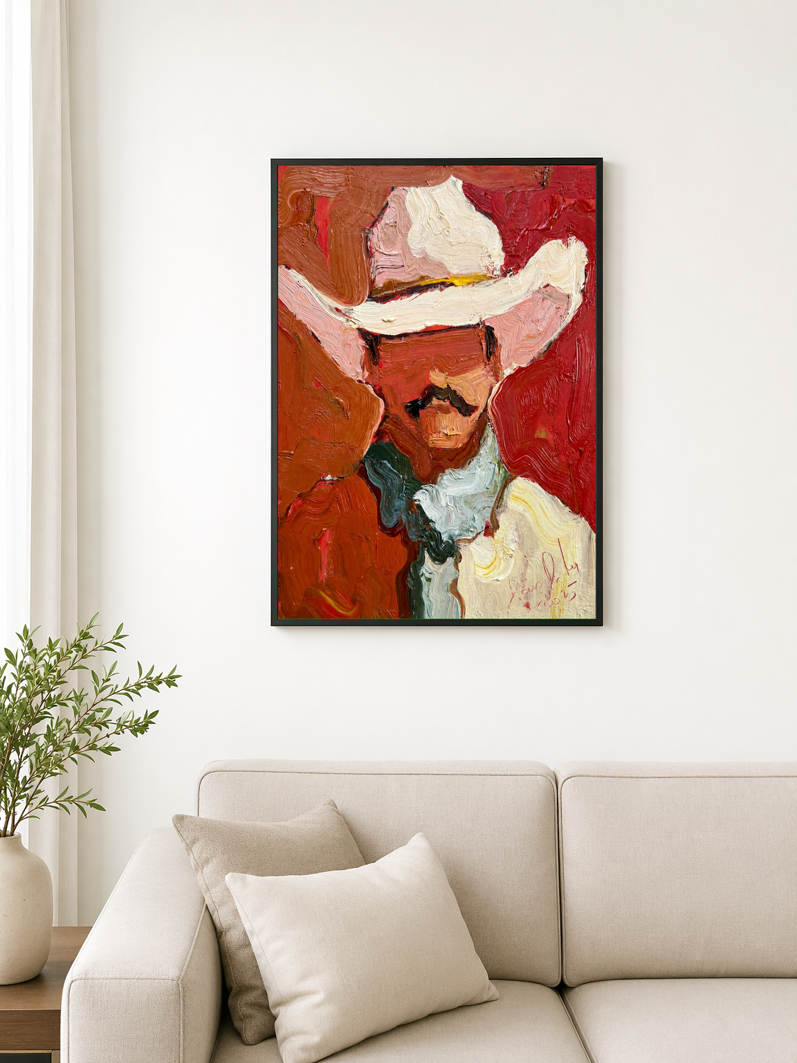 Abstract Cowboy Portrait Wall Art Print - black framed