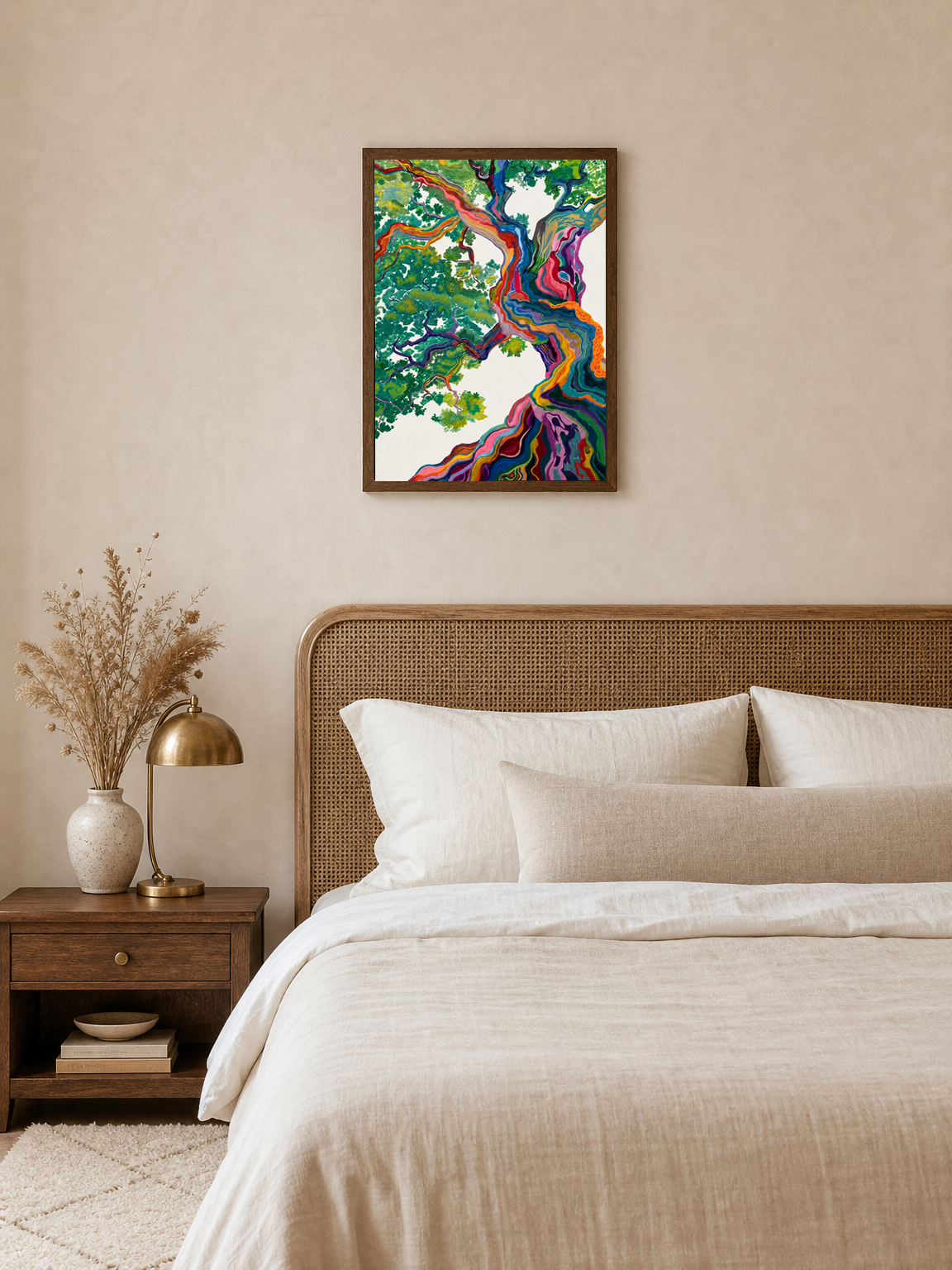Colorful Abstract Tree Wall Art Print - dark wood framed