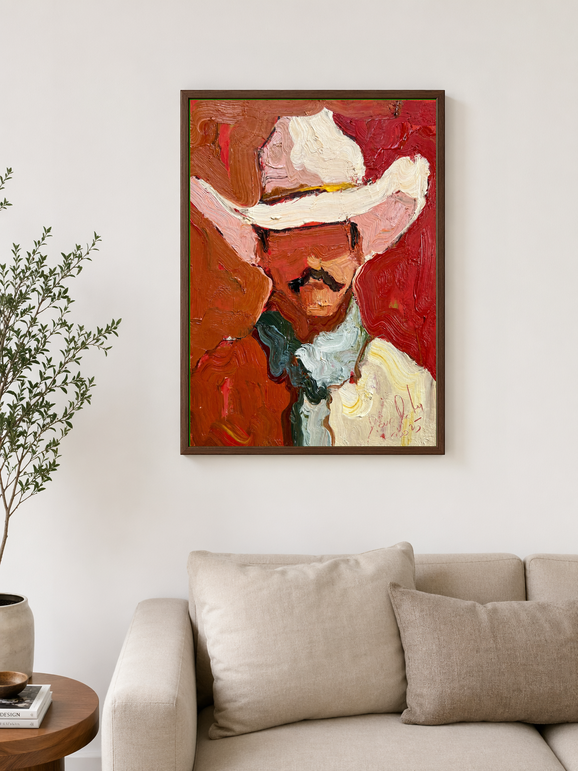 Abstract Cowboy Portrait Wall Art Print - dark wood framed