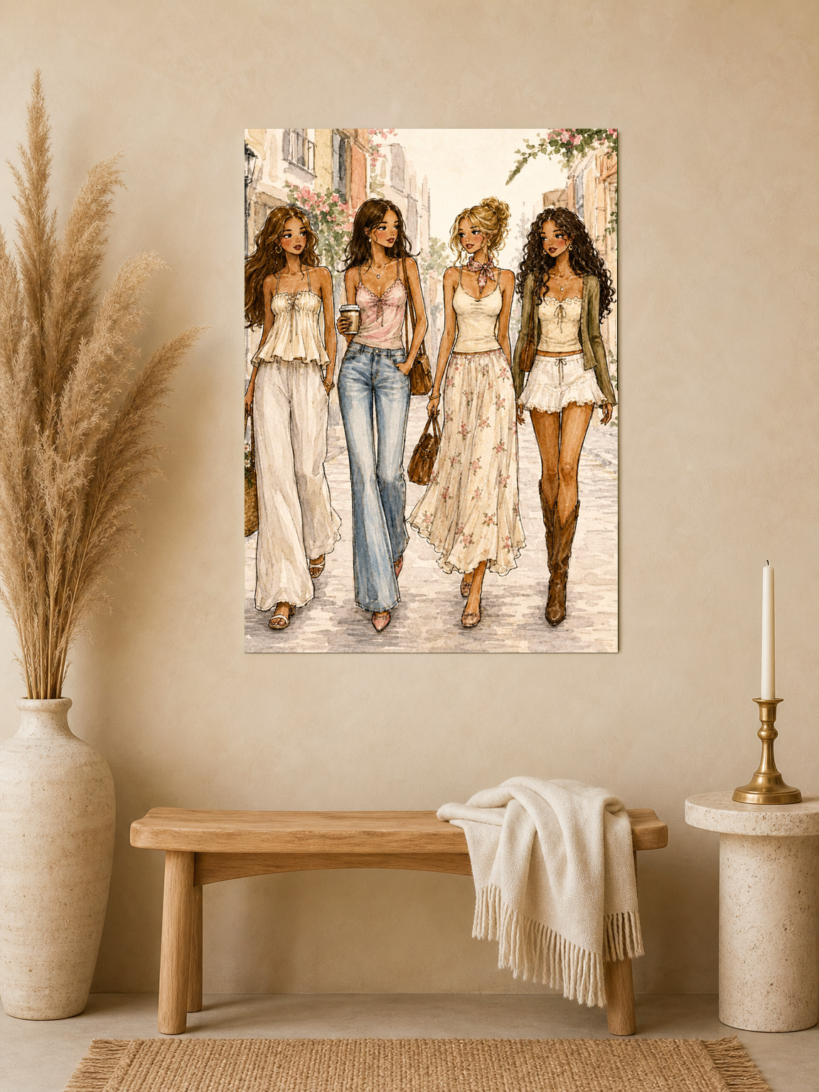 Chic Girls Strolling City Street Wall Art Print - unframed mockup