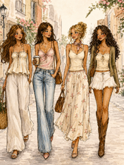 Chic Girls Strolling City Street Wall Art Print - unframed