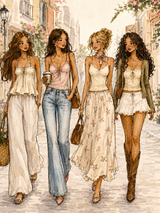 Chic Girls Strolling City Street Wall Art Print