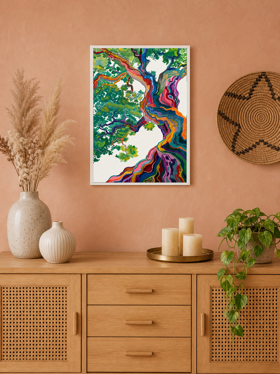 Colorful Abstract Tree Wall Art Print - white framed