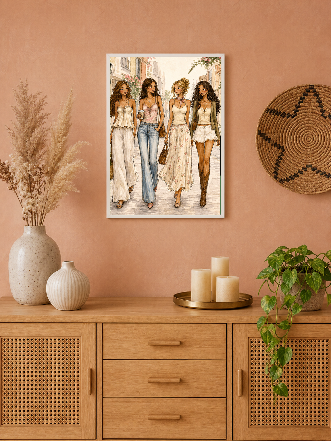 Chic Girls Strolling City Street Wall Art Print - white framed