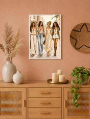 Chic Girls Strolling City Street Wall Art Print - white framed