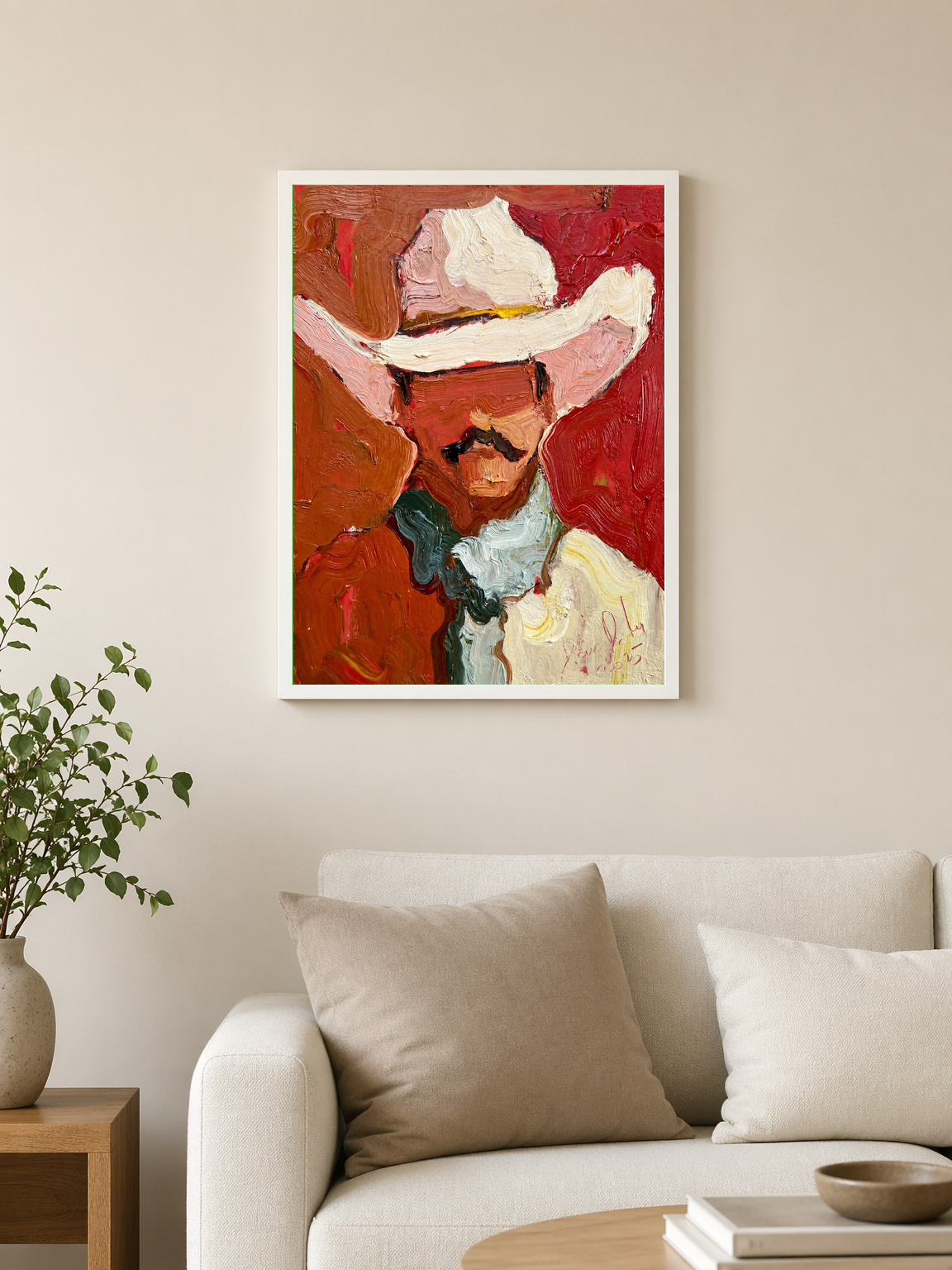 Abstract Cowboy Portrait Wall Art Print - white framed