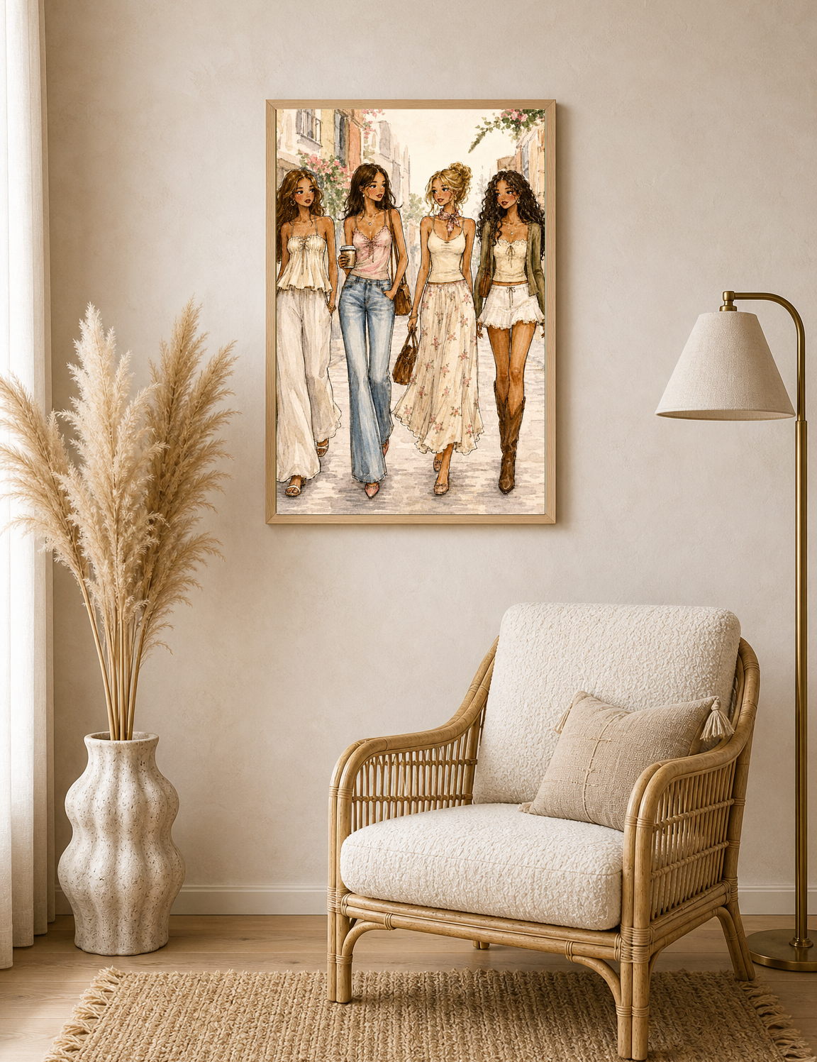 Chic Girls Strolling City Street Wall Art Print - wood framed poster
