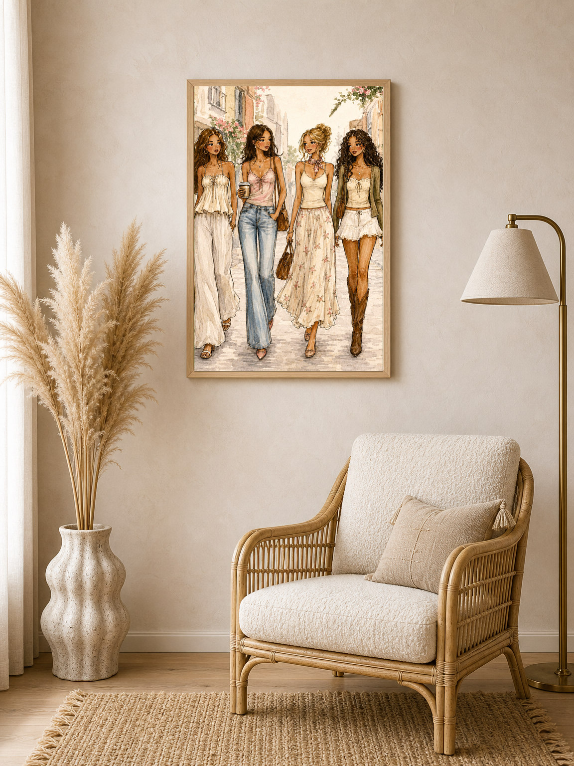 Chic Girls Strolling City Street Wall Art Print - wood framed poster
