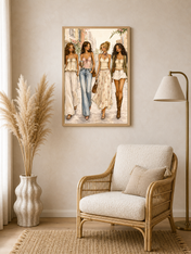 Chic Girls Strolling City Street Wall Art Print - wood framed poster