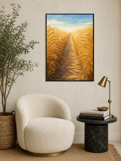 Golden Wheat Field Path Landscape Wall Art Print - black framed