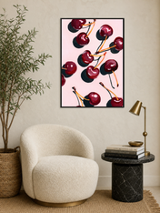 Cherry Pattern Wall Art Print on Pink Background - black framed