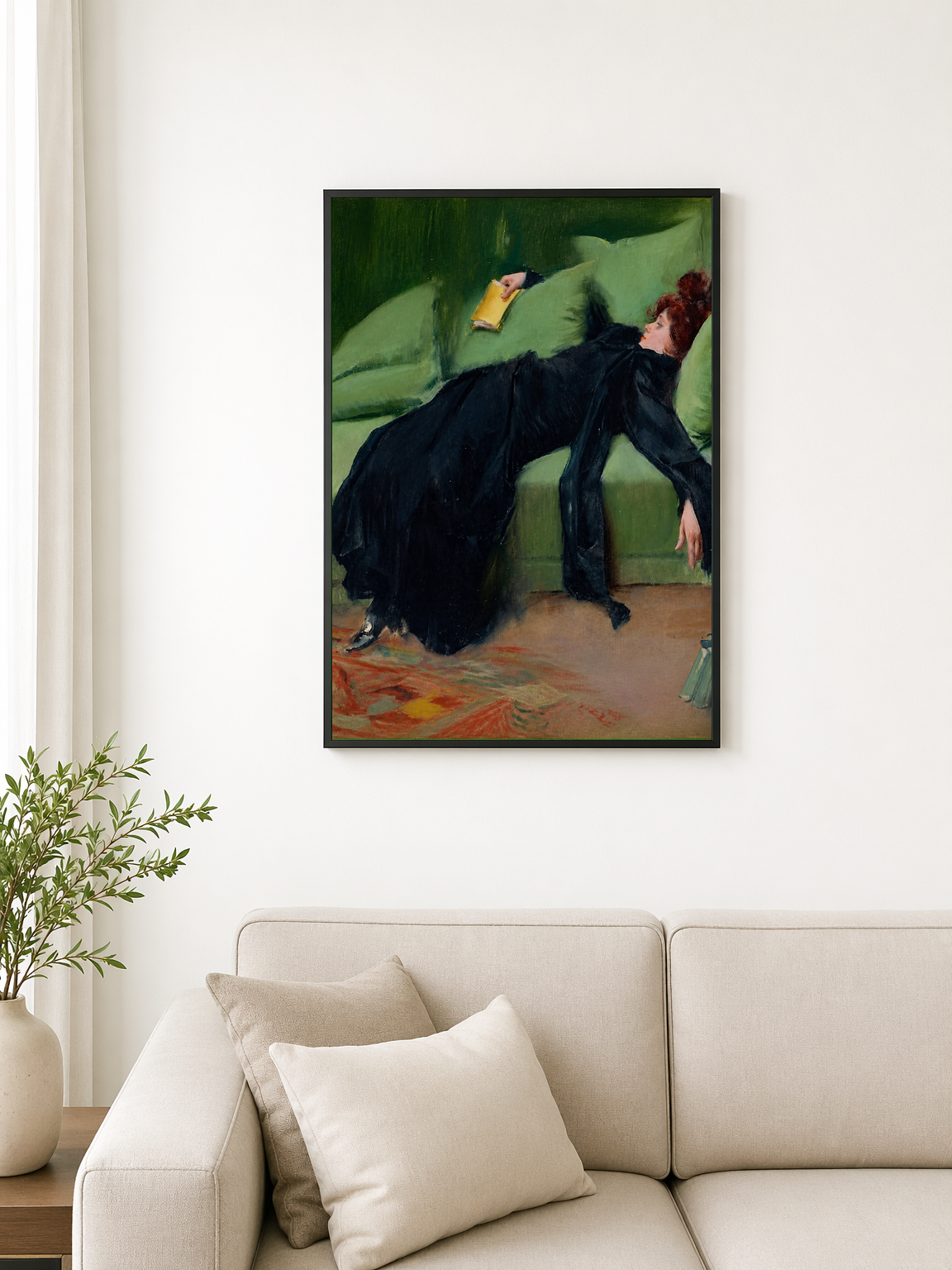Reclining Woman in Black Dress Wall Art Print - black framed