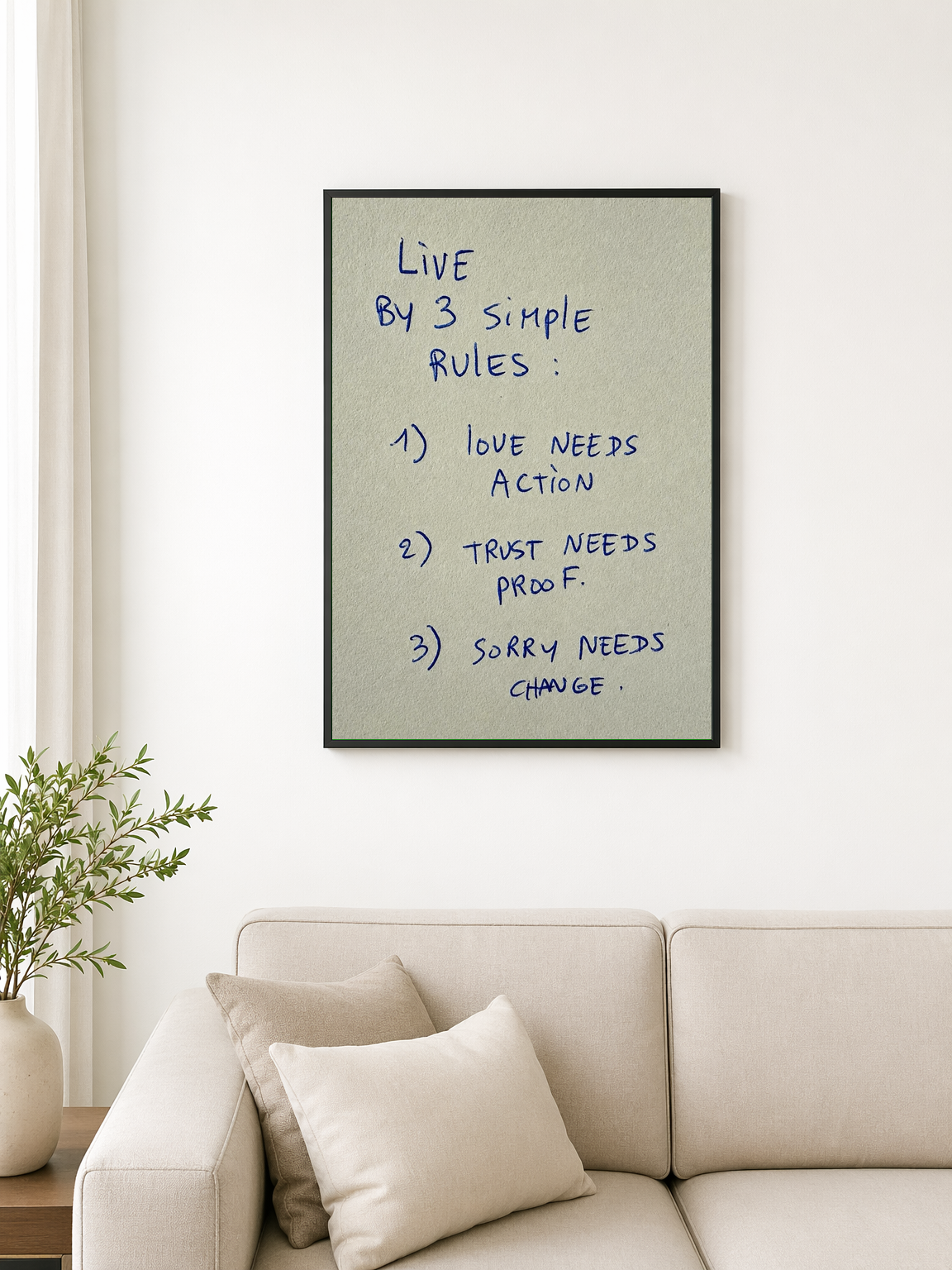 Live By 3 Simple Rules Quote Wall Art Print - black framed