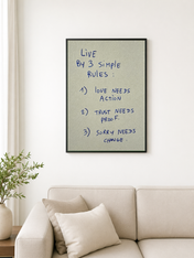 Live By 3 Simple Rules Quote Wall Art Print - black framed
