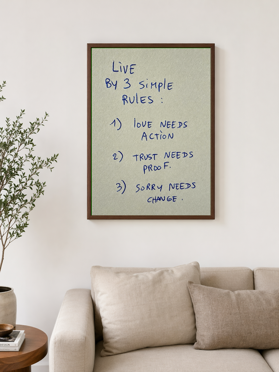 Live By 3 Simple Rules Quote Wall Art Print - dark wood framed