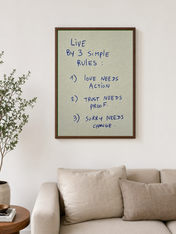 Live By 3 Simple Rules Quote Wall Art Print - dark wood framed