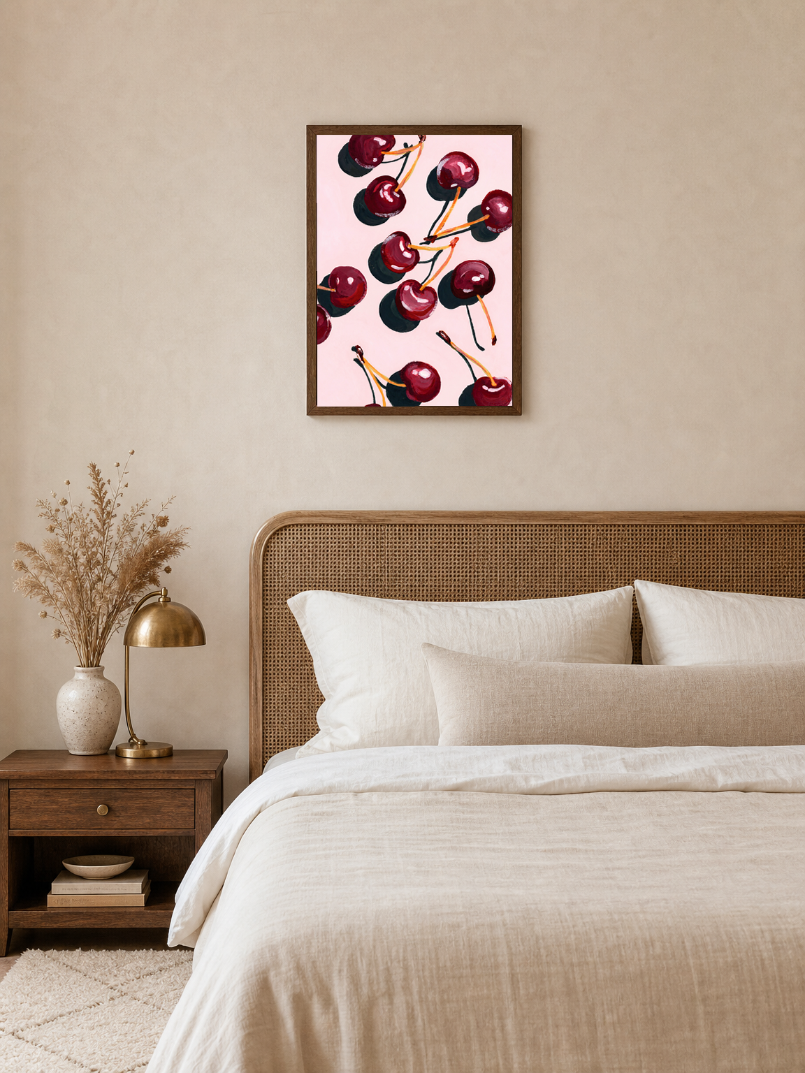 Cherry Pattern Wall Art Print on Pink Background - dark wood framed