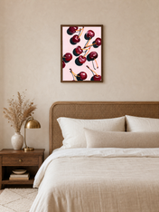 Cherry Pattern Wall Art Print on Pink Background - dark wood framed