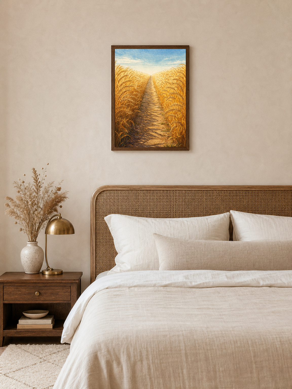 Golden Wheat Field Path Landscape Wall Art Print - dark wood framed