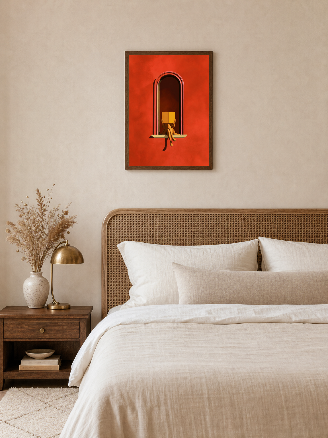 Minimalist Reader in Window Wall Art Print - dark wood framed