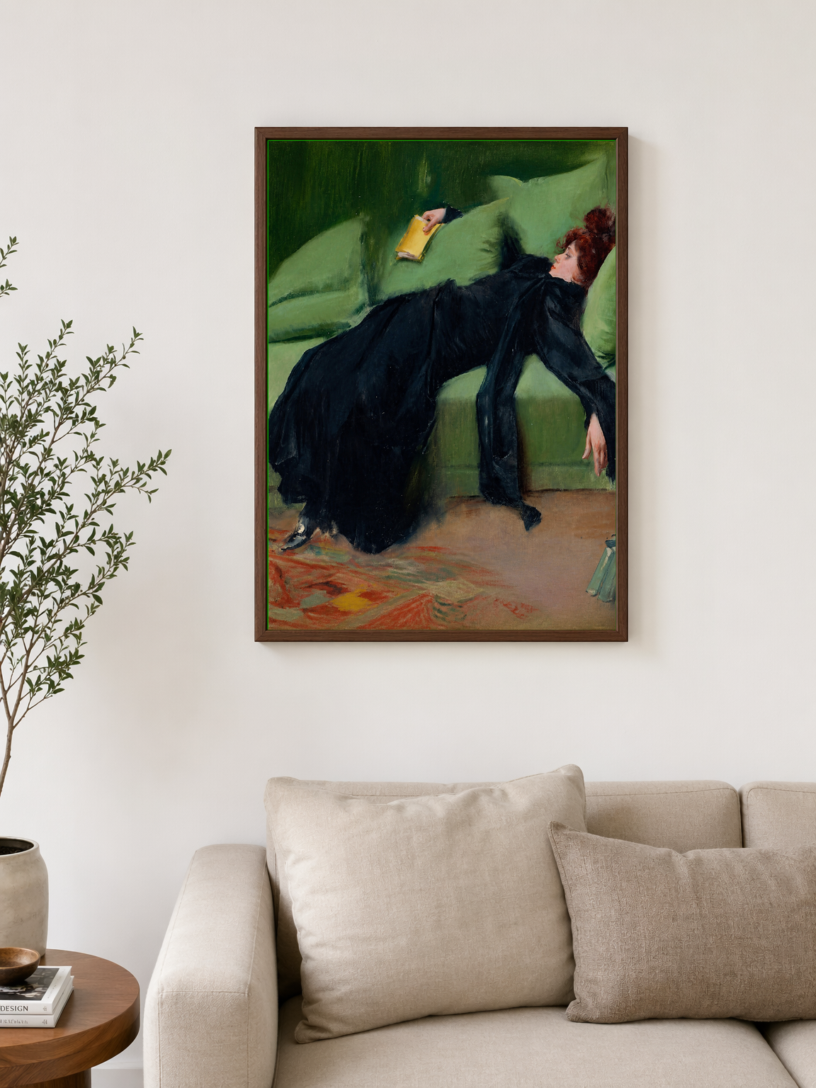 Reclining Woman in Black Dress Wall Art Print - dark wood framed