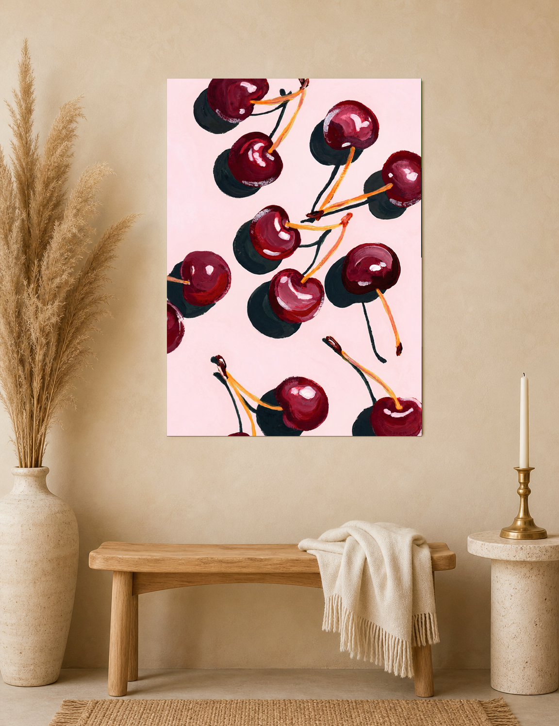 Cherry Pattern Wall Art Print on Pink Background - unframed mockup