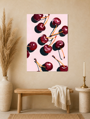 Cherry Pattern Wall Art Print on Pink Background - unframed mockup