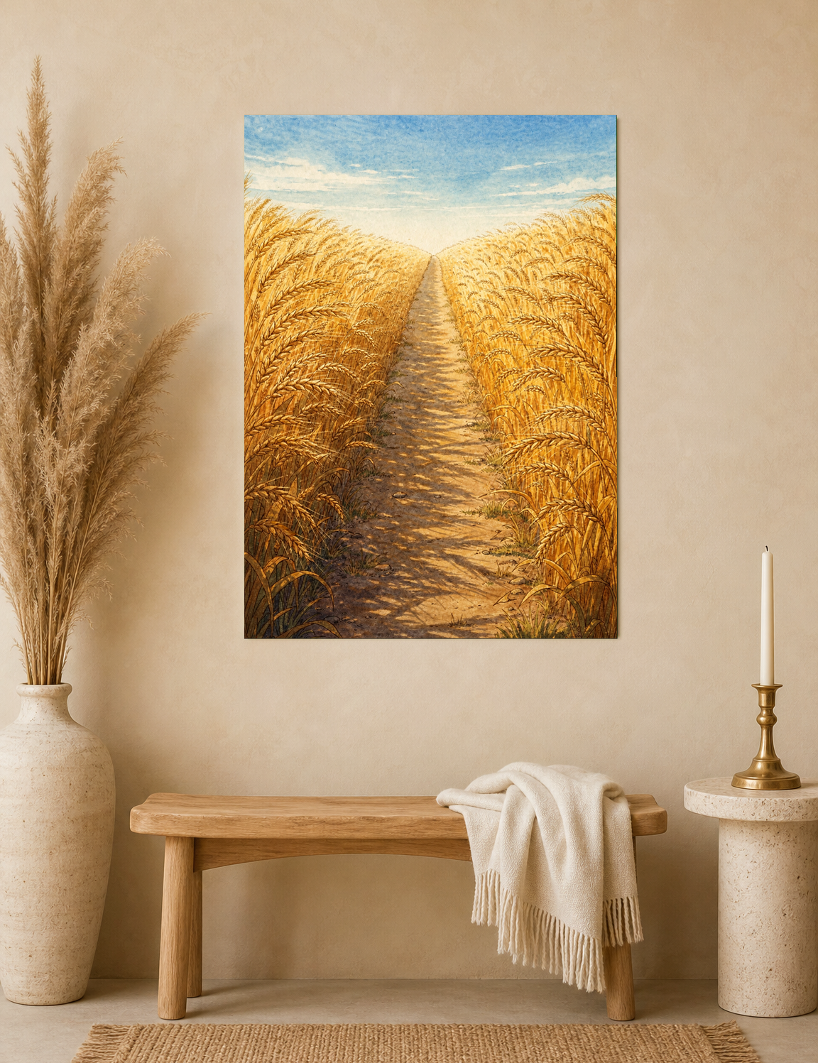 Golden Wheat Field Path Landscape Wall Art Print - unframed mockup