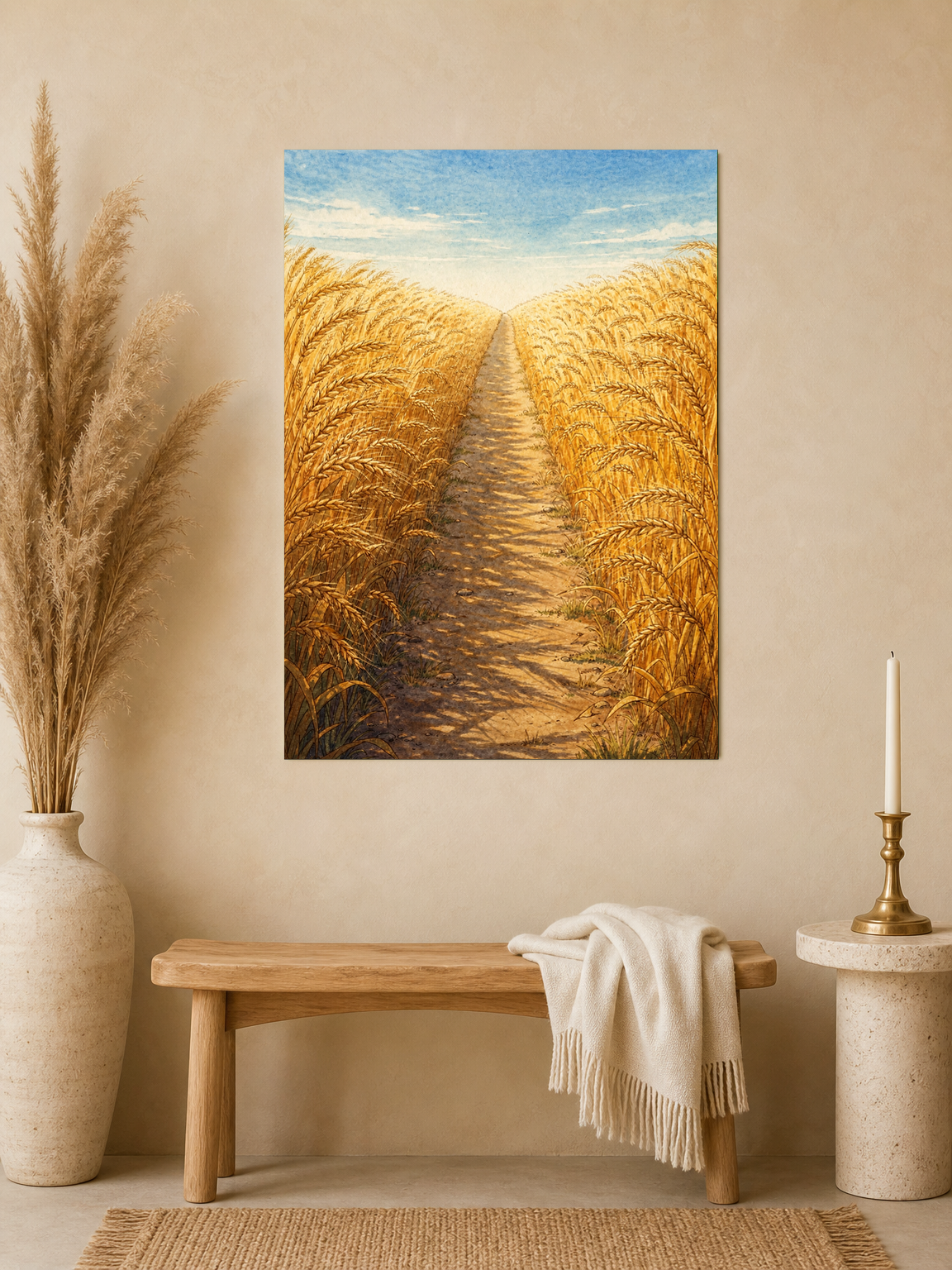 Golden Wheat Field Path Landscape Wall Art Print - unframed mockup