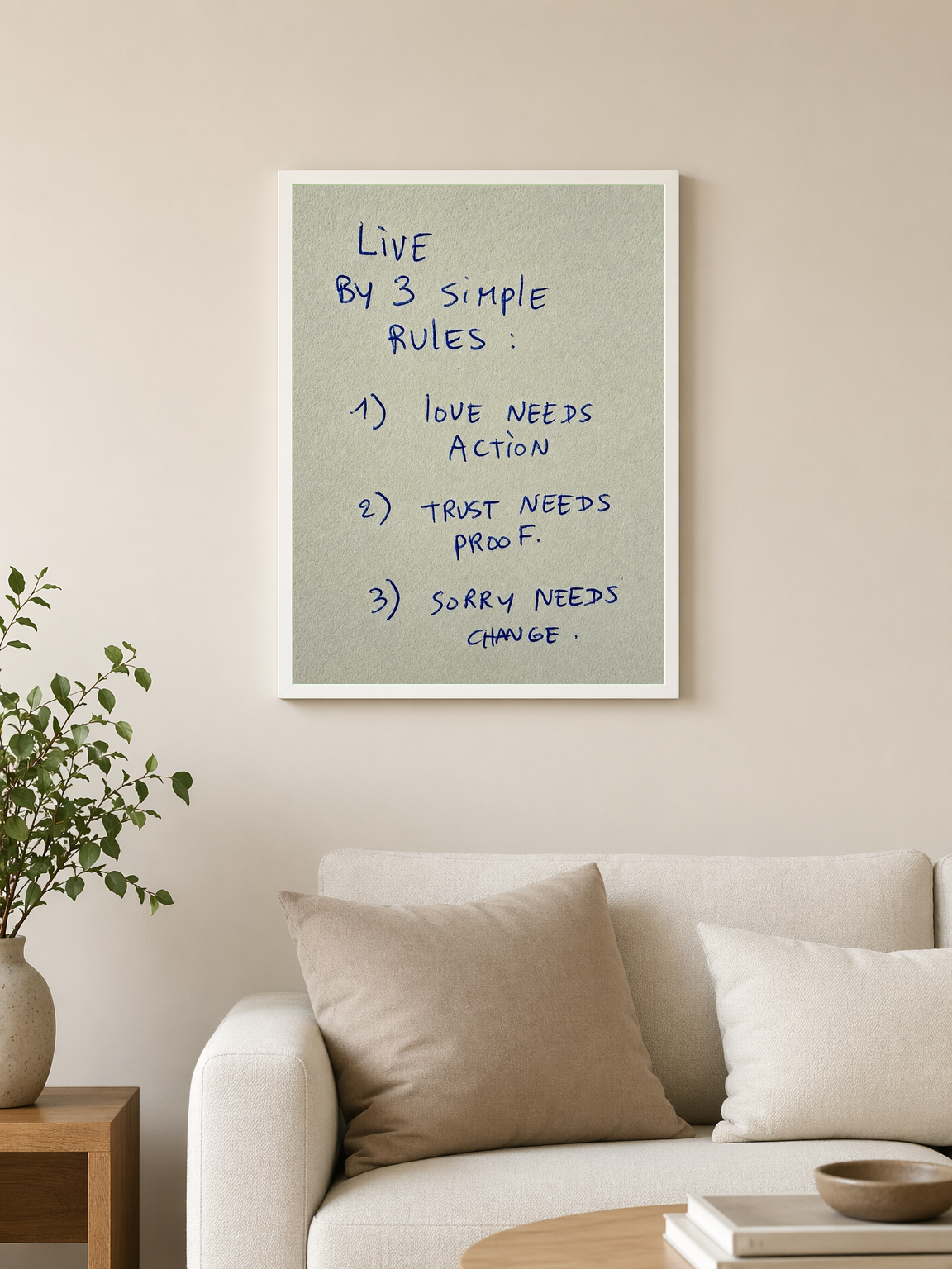 Live By 3 Simple Rules Quote Wall Art Print - white framed