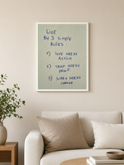 Live By 3 Simple Rules Quote Wall Art Print - white framed