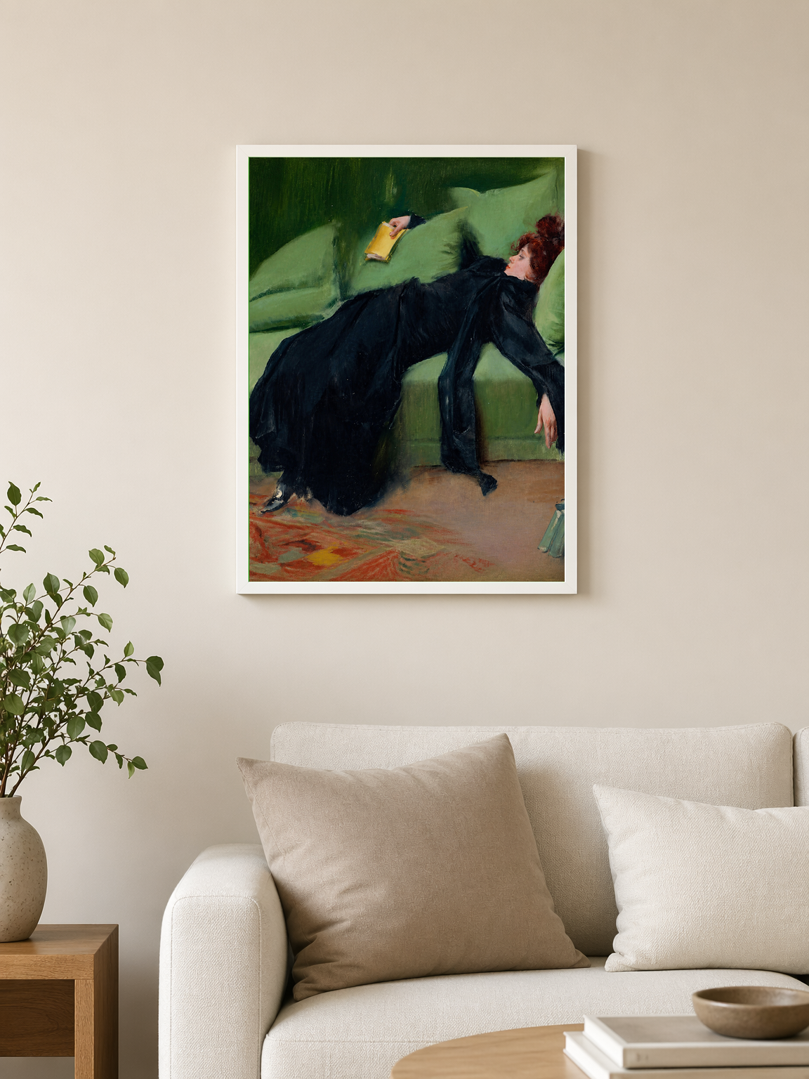 Reclining Woman in Black Dress Wall Art Print - white framed