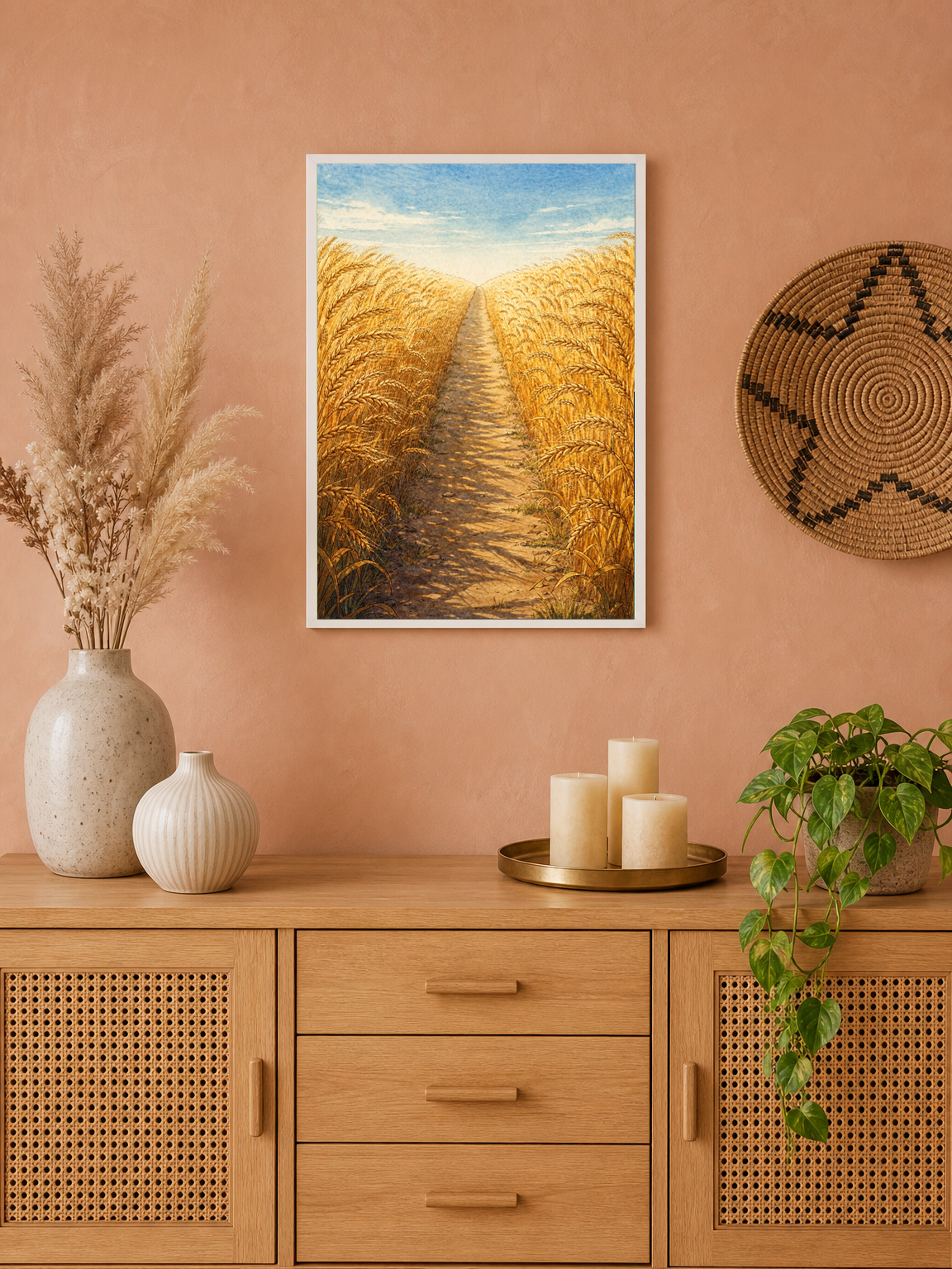Golden Wheat Field Path Landscape Wall Art Print - white framed