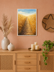 Golden Wheat Field Path Landscape Wall Art Print - white framed