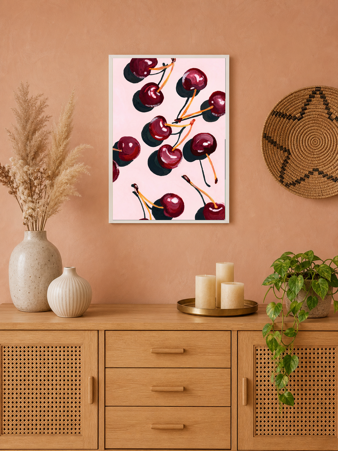 Cherry Pattern Wall Art Print on Pink Background - white framed