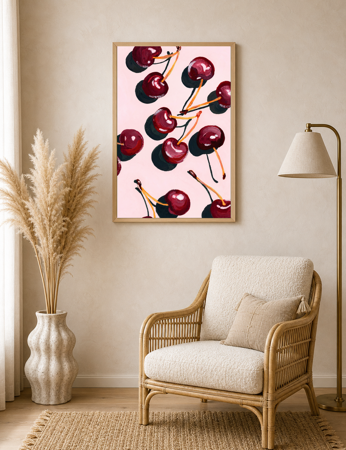 Cherry Pattern Wall Art Print on Pink Background - wood framed poster