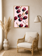 Cherry Pattern Wall Art Print on Pink Background - wood framed poster