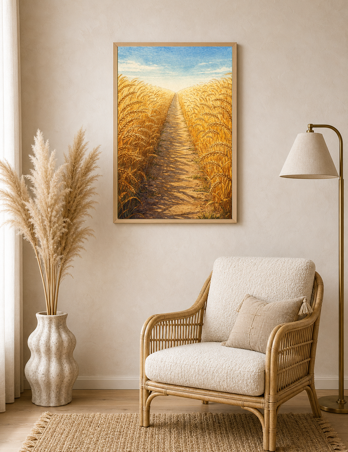 Golden Wheat Field Path Landscape Wall Art Print - wood framed poster