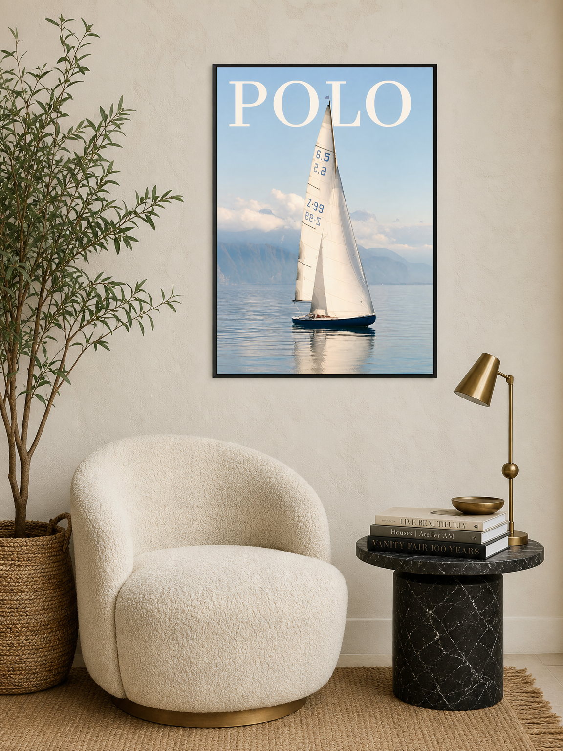 Polo Sailboat Wall Art Print on Calm Blue Water - black framed