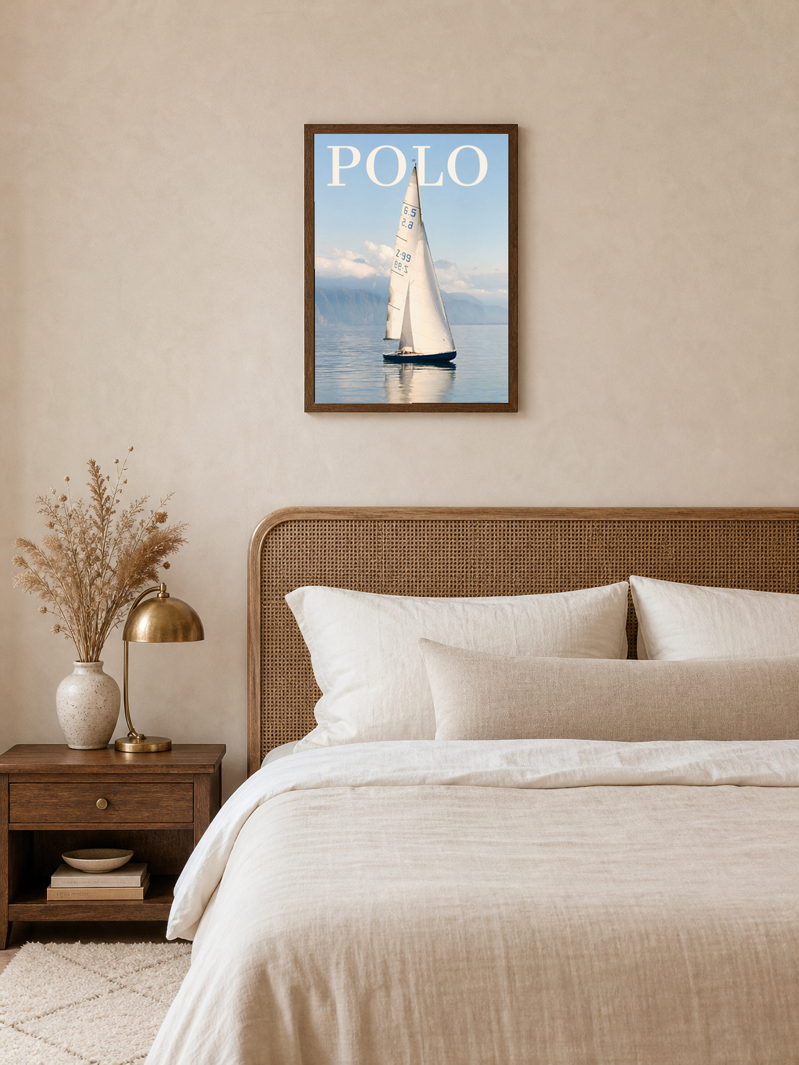 Polo Sailboat Wall Art Print on Calm Blue Water - dark wood framed