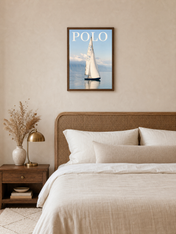 Polo Sailboat Wall Art Print on Calm Blue Water - dark wood framed