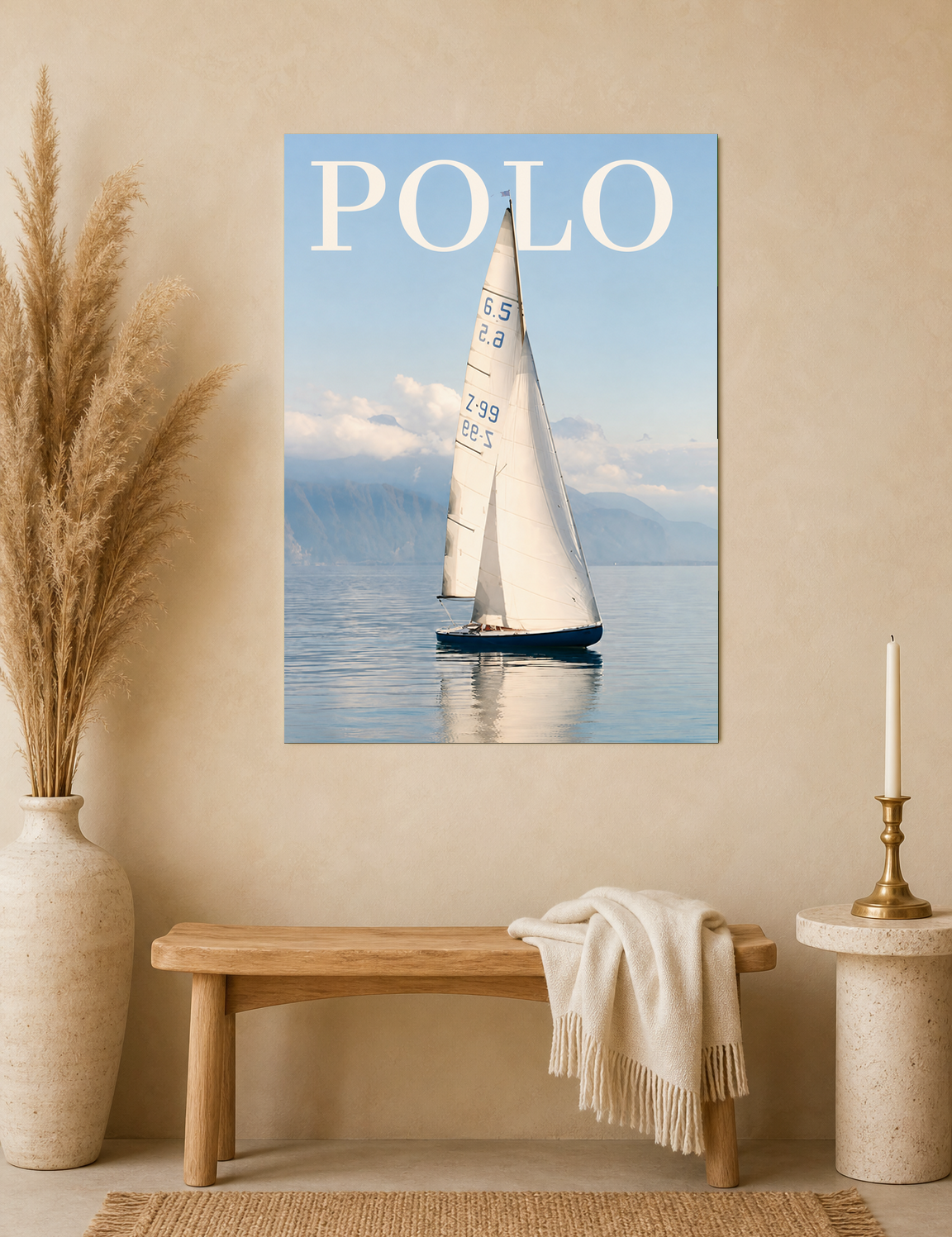 Polo Sailboat Wall Art Print on Calm Blue Water - unframed mockup