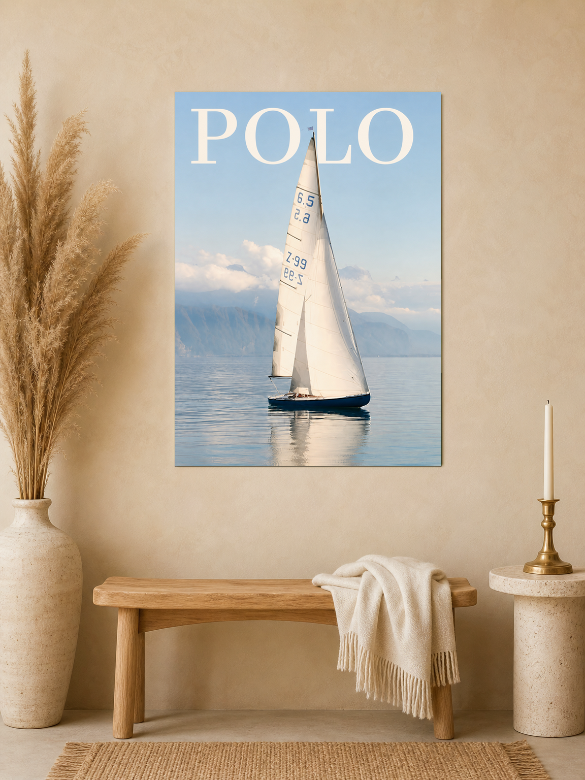 Polo Sailboat Wall Art Print on Calm Blue Water - unframed mockup