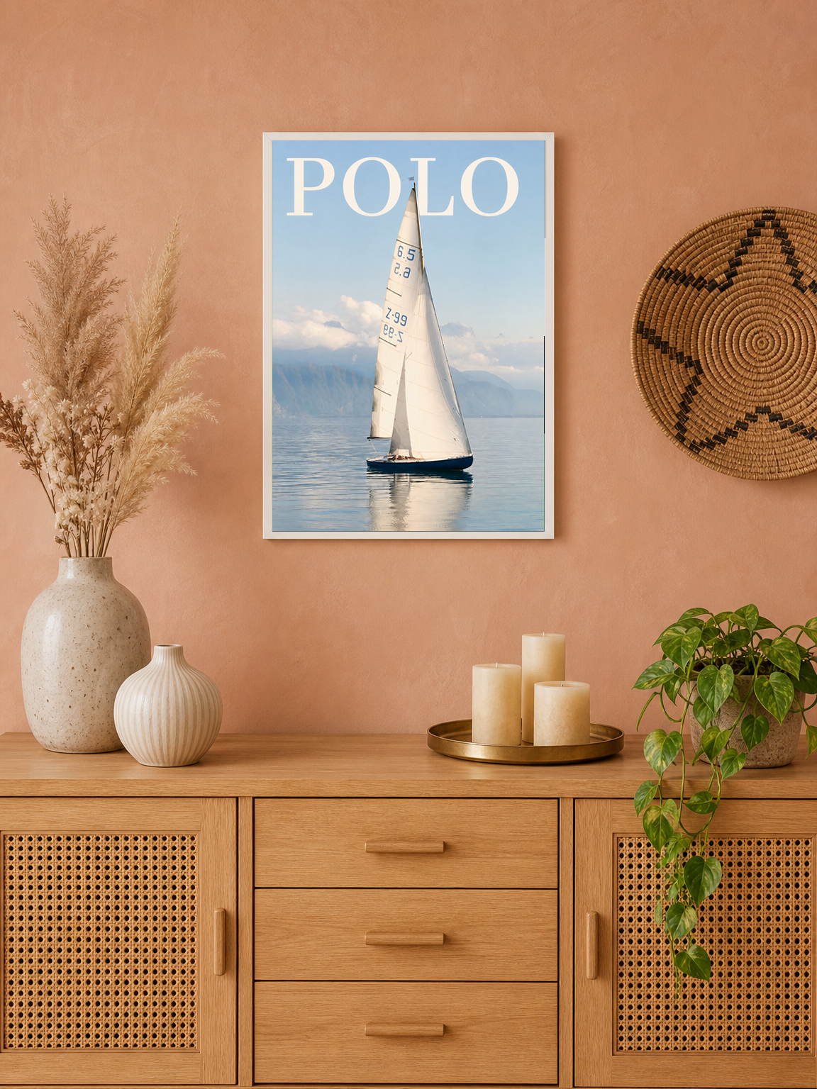 Polo Sailboat Wall Art Print on Calm Blue Water - white framed