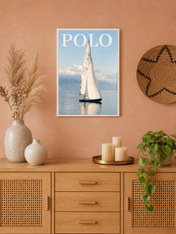 Polo Sailboat Wall Art Print on Calm Blue Water - white framed