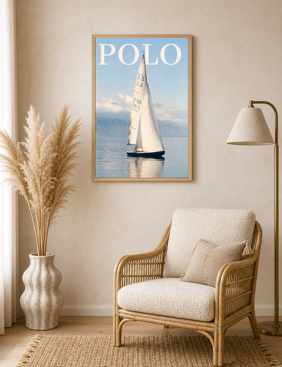 Polo Sailboat Wall Art Print on Calm Blue Water - wood framed poster