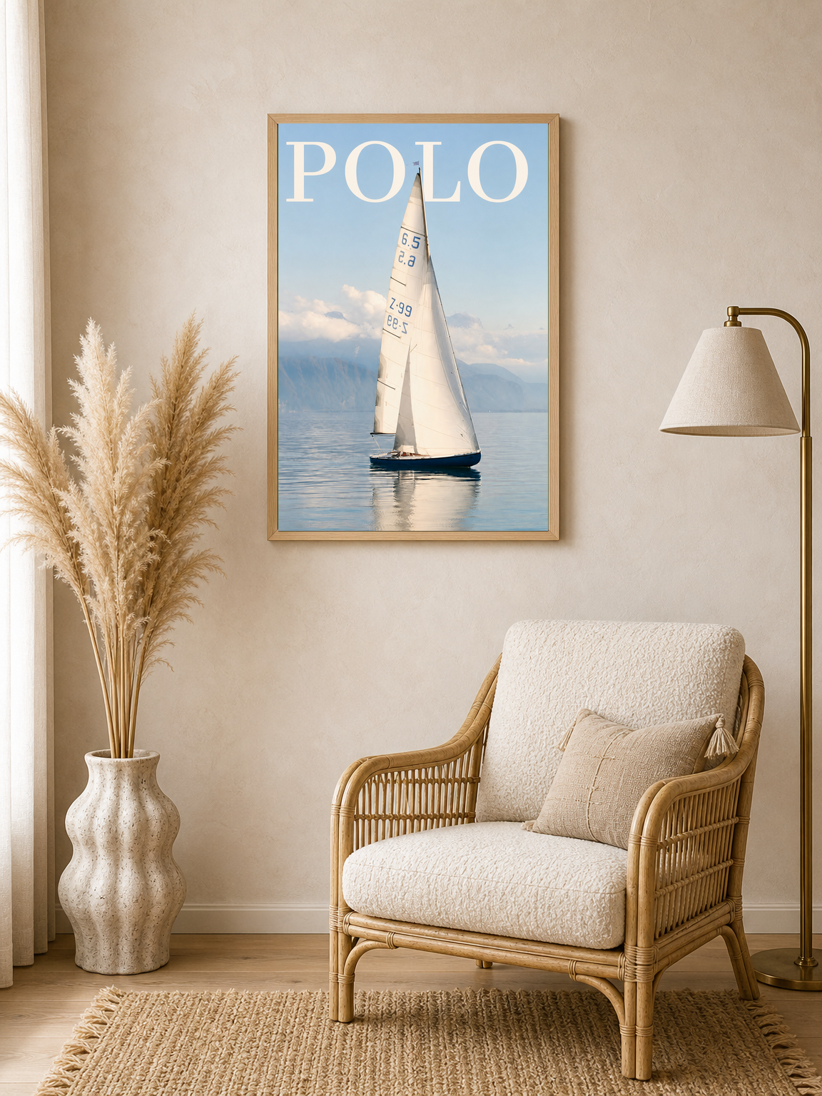 Polo Sailboat Wall Art Print on Calm Blue Water - wood framed poster
