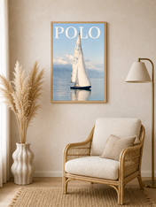 Polo Sailboat Wall Art Print on Calm Blue Water - wood framed poster